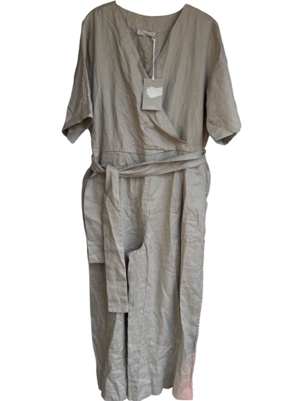 Everlane 100% Linen Wrap Jumpsuit Sz 10 Wide Leg Lagenlook Khaki Short Sleeve - Picture 14 of 16